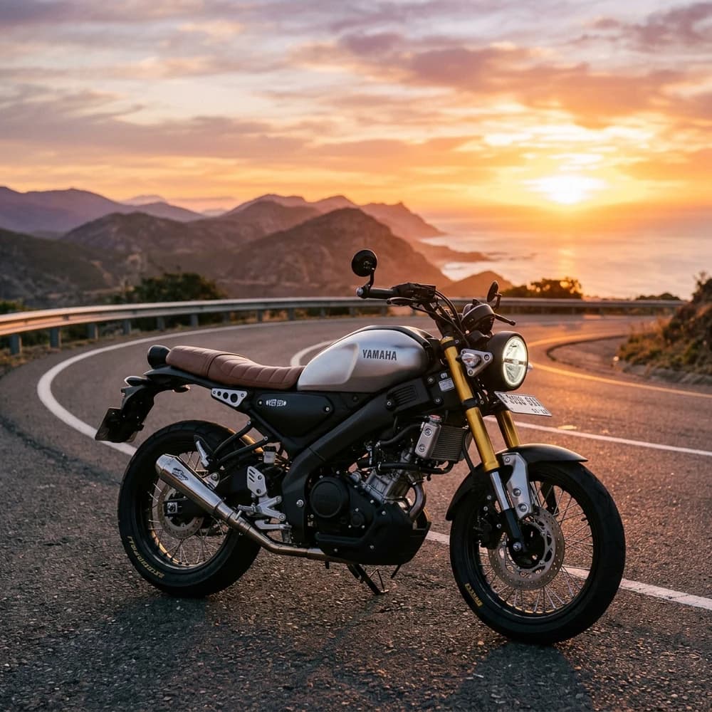 Yamaha motorcycle parked on a mountain road at sunset