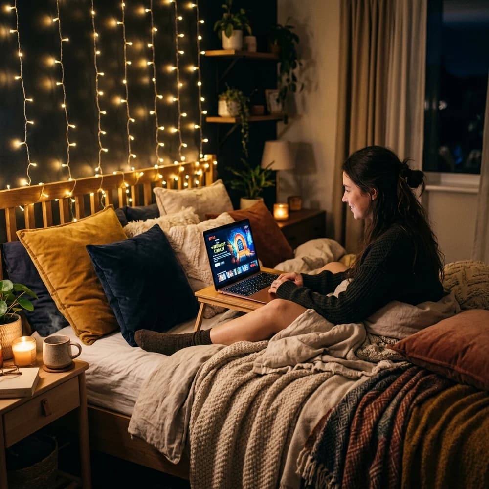 Woman watching a streaming service on a laptop in bed