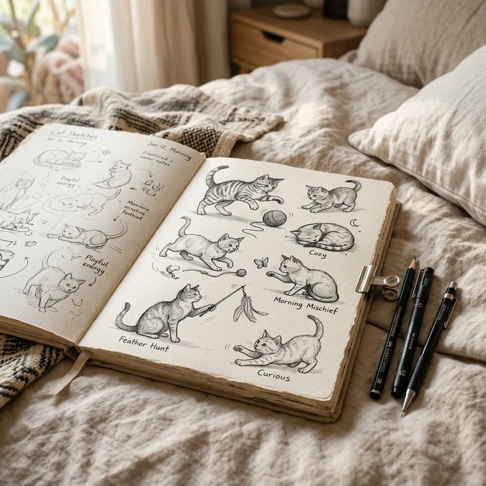 Open sketchbook filled with pencil drawings of cats