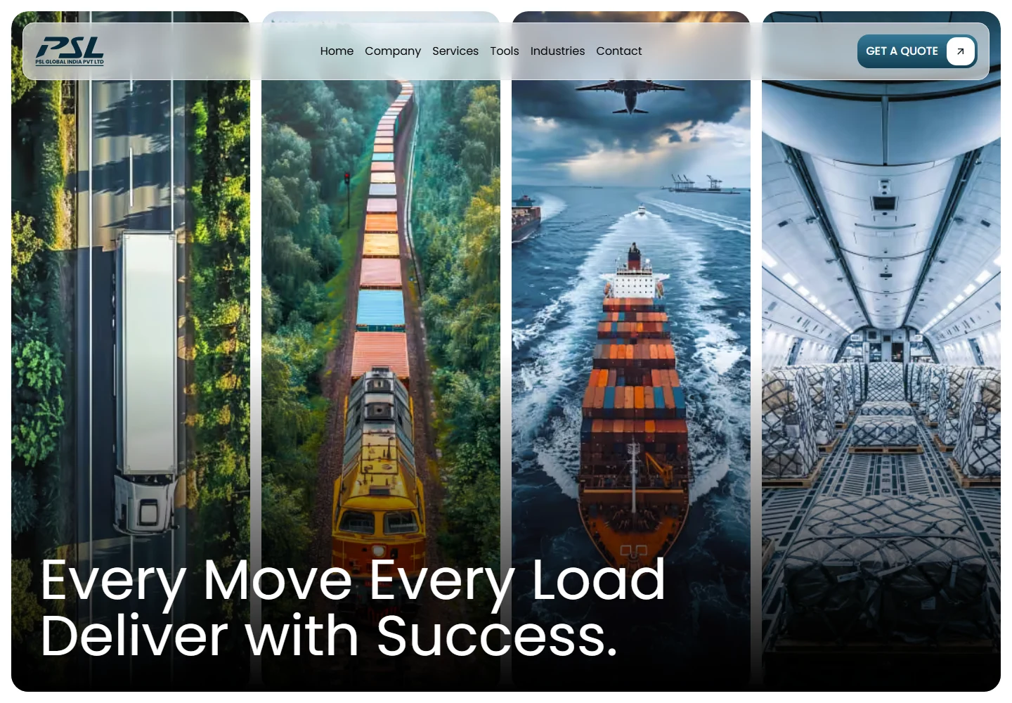 PSL Global desktop homepage showing road, rail, sea, and air freight