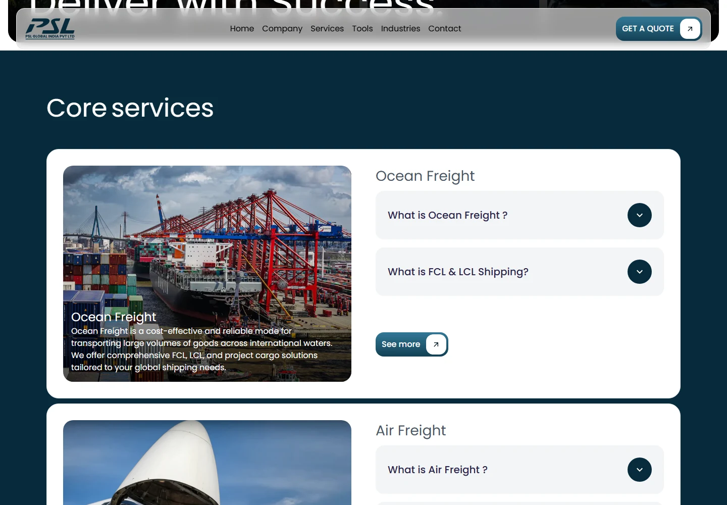 PSL Global ocean freight page with a cargo ship and FAQ panels