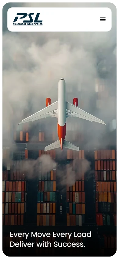 PSL Global mobile homepage with an airplane above shipping containers