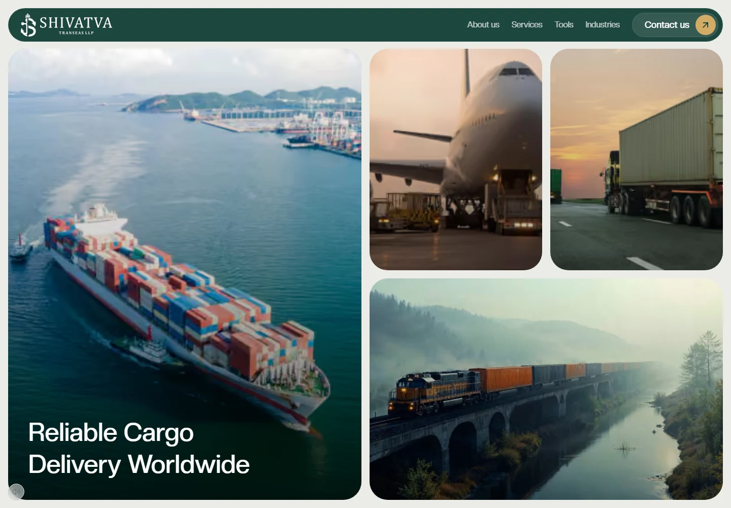 Shivatva desktop homepage showing cargo moving by ship, air, road, and rail