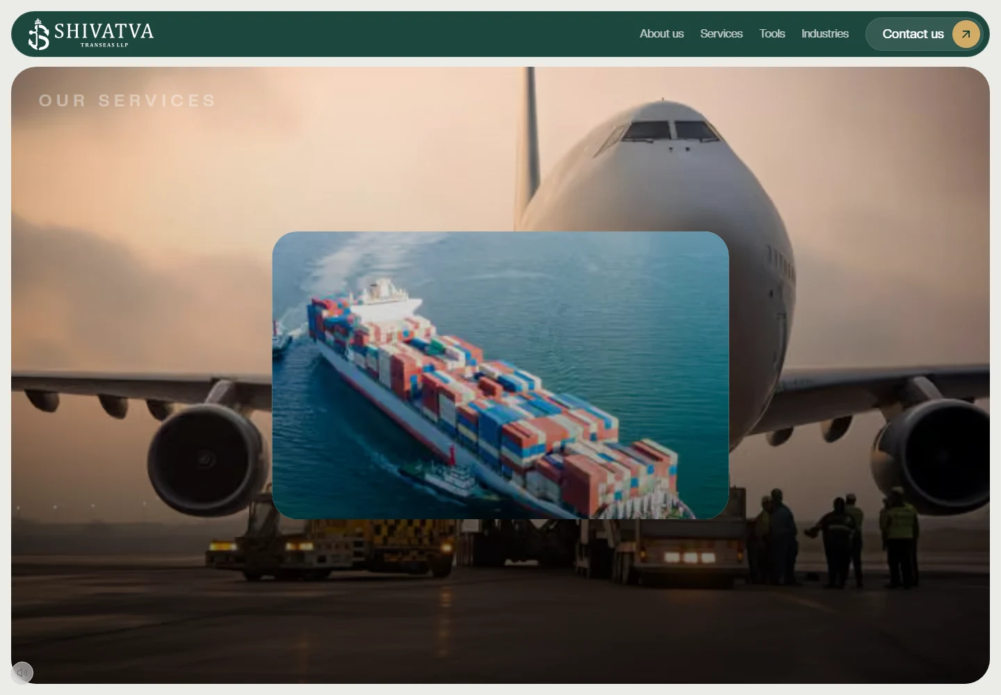 Shivatva services page layering ocean freight over an airplane at dusk