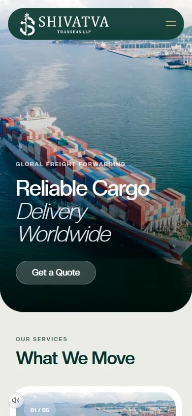 Shivatva mobile homepage featuring a container ship at sea
