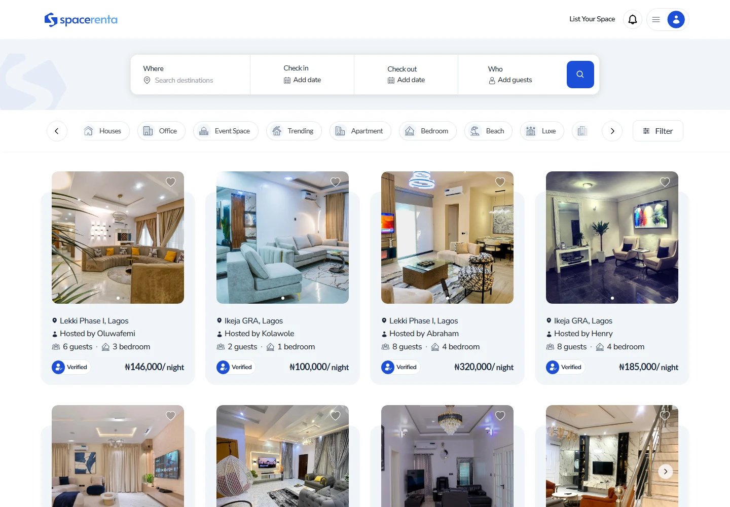 Spacerenta desktop search with filters and rental property cards