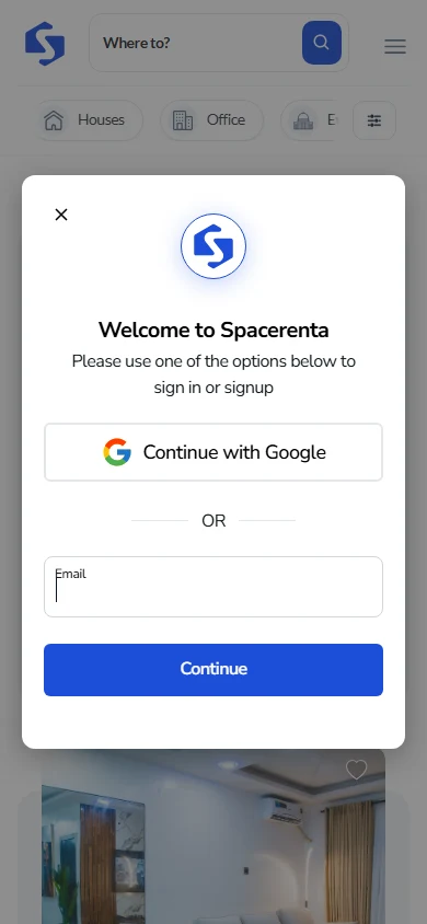 Spacerenta mobile sign-in dialog over a property listing