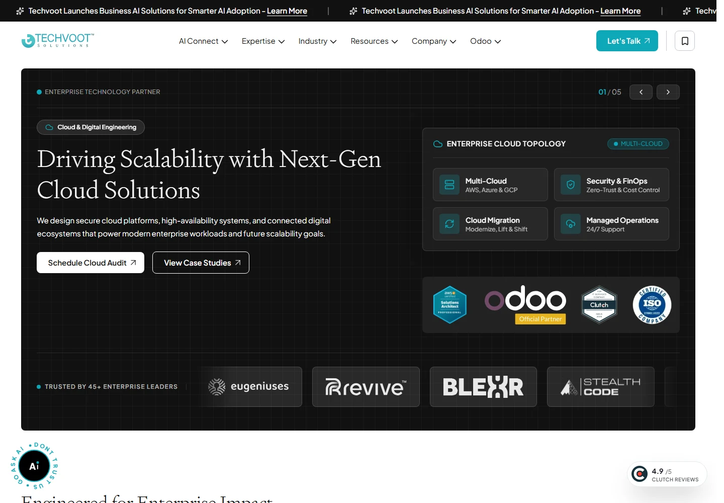 Techvoot Solutions desktop homepage presenting enterprise cloud services
