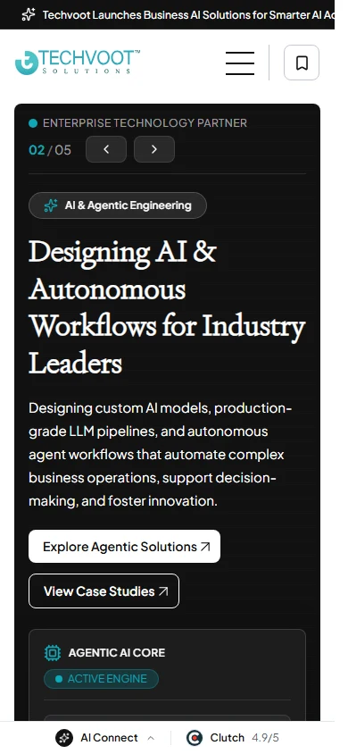 Techvoot Solutions mobile homepage presenting AI workflow services