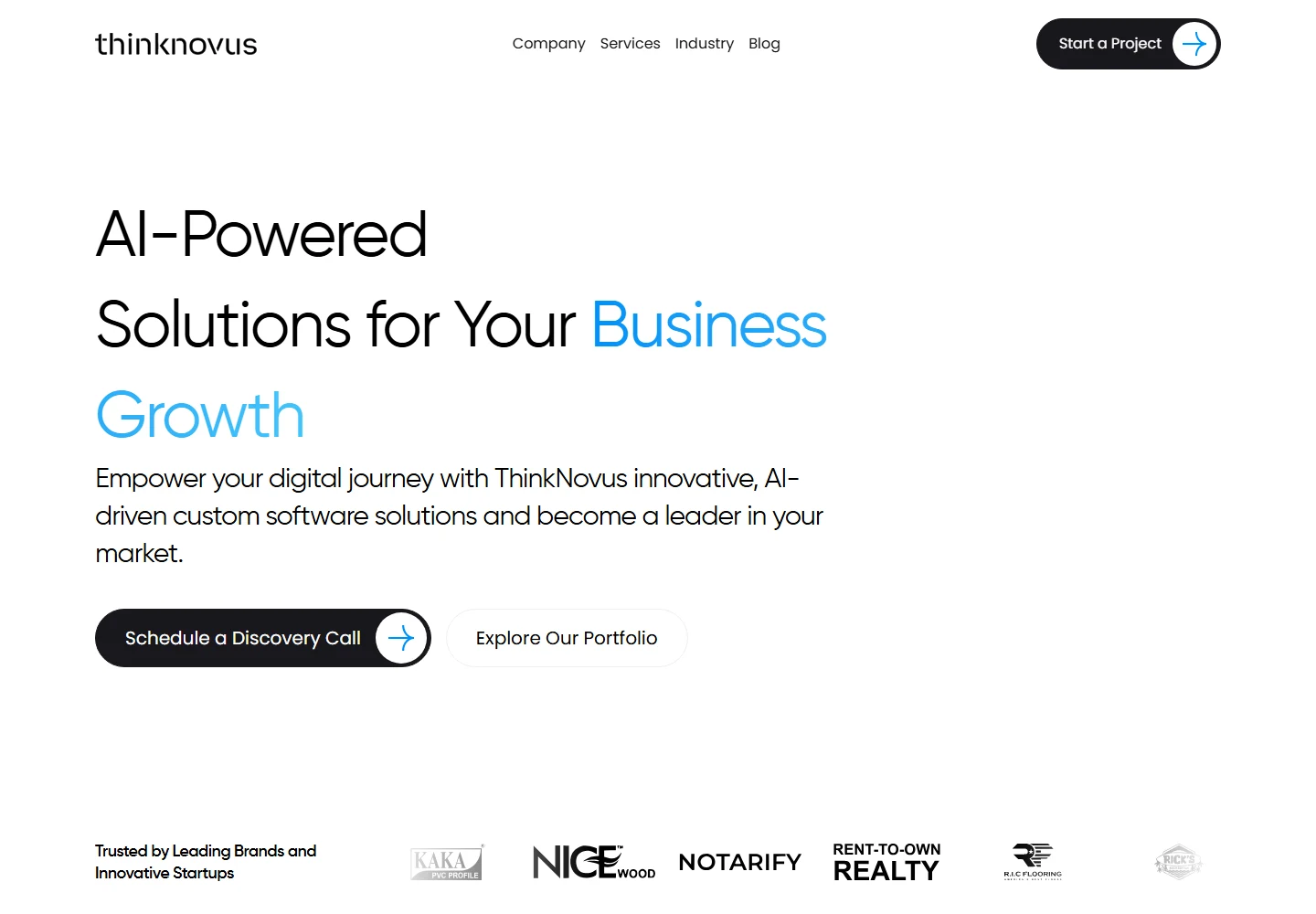 Thinknovus desktop homepage with an AI-powered business solutions headline
