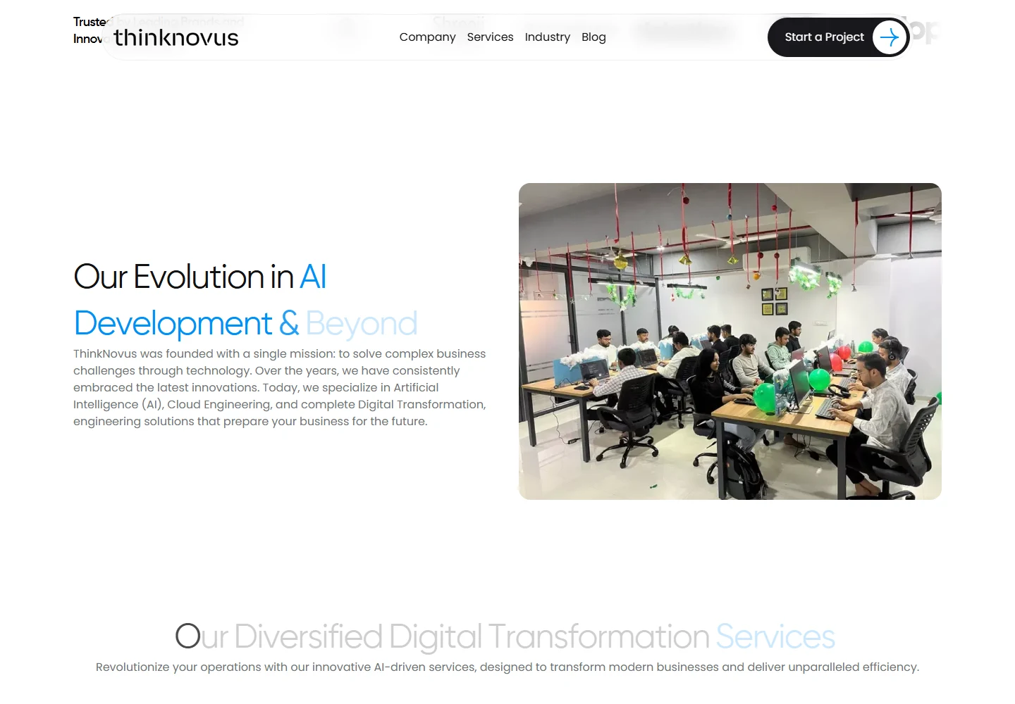 Thinknovus company page showing its team and AI development story