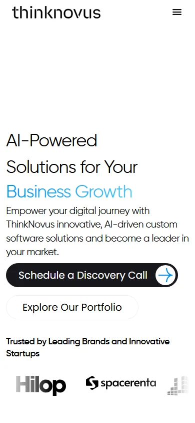 Thinknovus mobile homepage with business growth messaging and client logos
